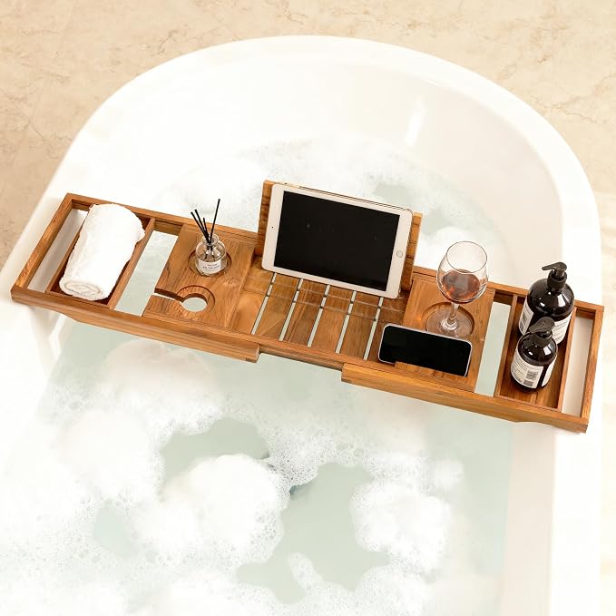 Expandable Teak Bathtub Tray - Luxury Wooden Bath Caddy & Tub Shelf, Over-The-Tub Bath Table with Book & Wine Glass Holder, Waterproof Bathroom Organizer for Spa Experience