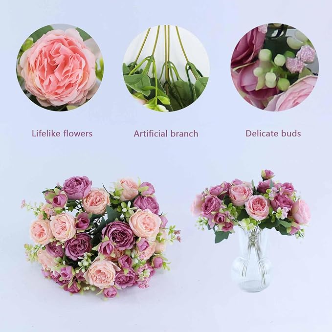 8 Bundles Peonies Artificial Flowers Silk Peonies Faux Flowers Fake Peonies Artificial Flowers Peonies Bouquet for Table Centerpieces Decoration Wedding Decor Home Party Decor (Pink and Violet Red)