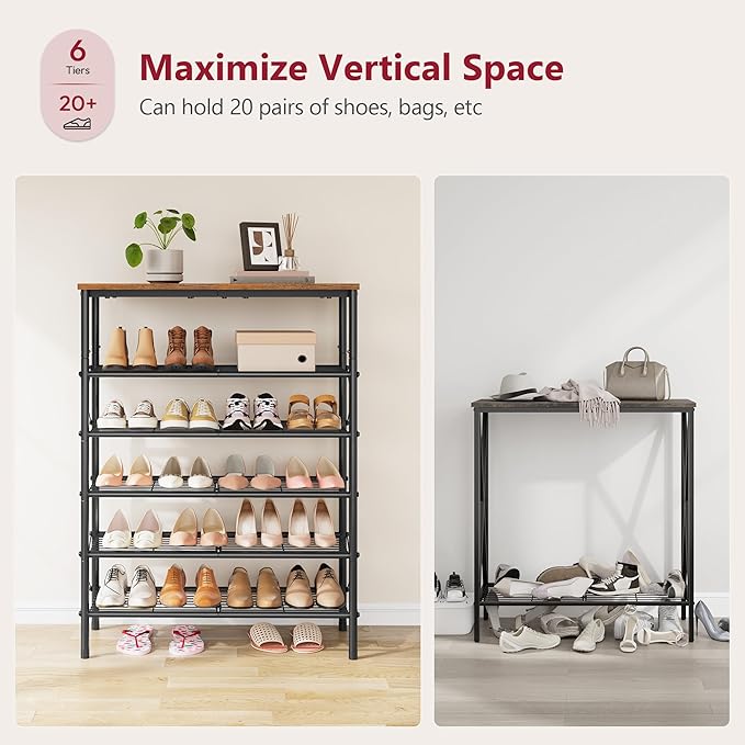 Tajsoon 6 Tier Free Standing Shoe Rack for 20-24 Pairs, X Shape Fixed Frame Metal Mesh Shoe Rack for Closet, Rustic Brown & Black