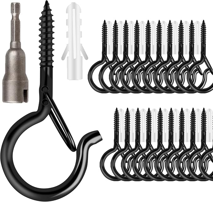 FSAH 36 PCS Q-Hanger Hooks with Safety Buckle, Windproof Screw Hooks for Outdoor String Lights Hanging Christmas Lights, Plants, with 1 Wing Nut Driver