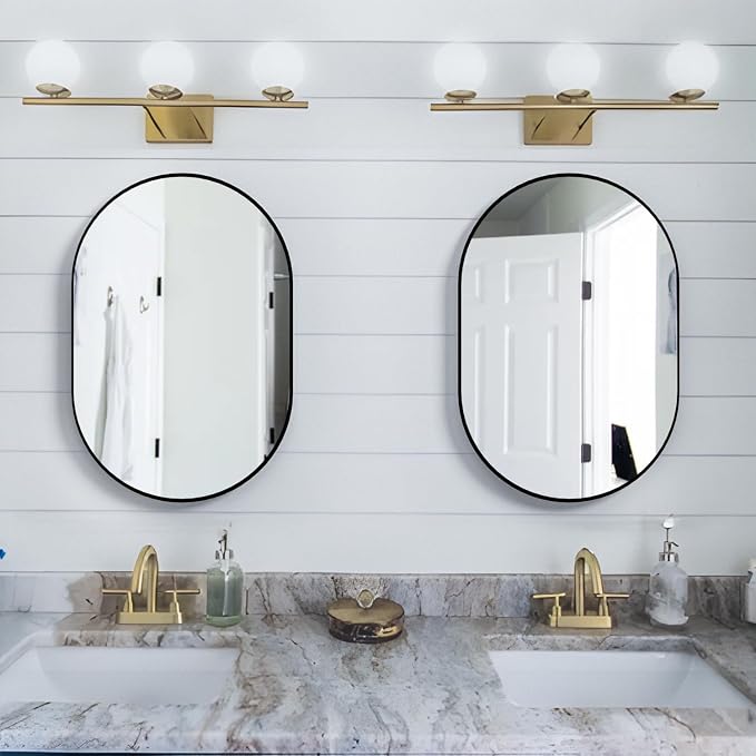 2 Piece Oval Bathroom Mirror Capsule Wall Vanity Mirror, 20"x30" Pill Mirrors Wall Mounted Mirror, Large Modern Mirror with Black Metal Frame, Decor for Entryway, Bedroom, Living Room