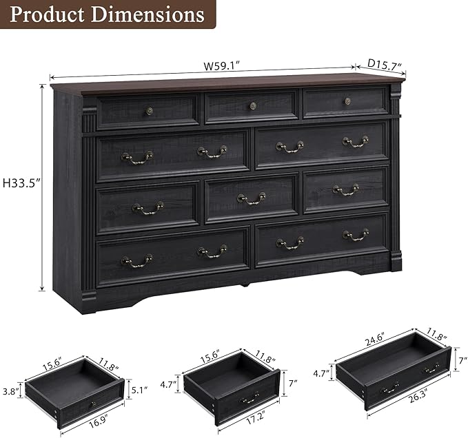 Farmhouse 10 Drawers Dresser, 59" Wide Rustic Chest of Drawers, Black Dresser for Bedroom with Chic Wood Pilasters, Storage Organizer for Living Room, Hallway