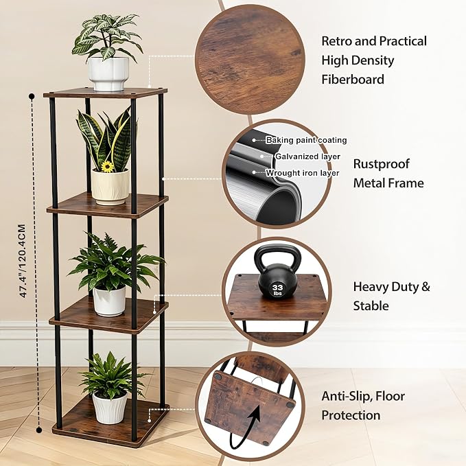 Vigordream Plant Stand Indoor Outdoor Tier Metal Plant Shelf Tall Pedestal Stand Flower Pot Stands Multiple Planter Support Rack for Corner Living Room, Balcony, Garden Patio (Retro Brown, 47.4INCH)