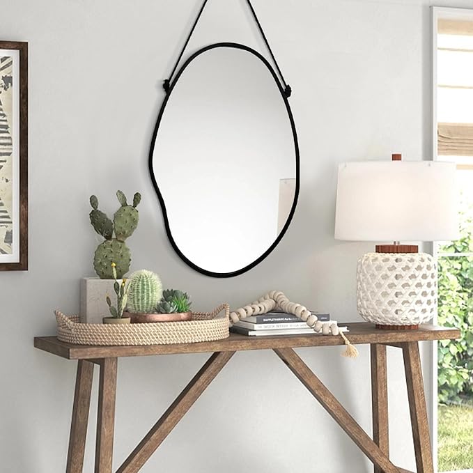 Bedroom Wall Mirror Irregular Black Frame Asymmetrical Mirror for Wall Vanity Bathroom Living Room Bedroom Entryway Hallway Modern Unique Decorative Artistic Hanging Mirror