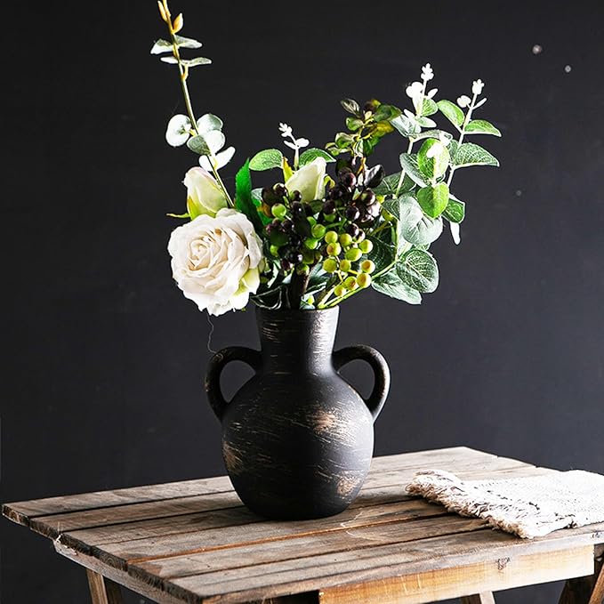 Ceramic Flower Vase,7.3 inch Tall Farmhouse Rustic Vase, Handcrafted Weathered Pottery Vases, Small Flower Terracotta Vases for Home Decor, Living Room Farmhouse Table Shelf Entrance(Black)