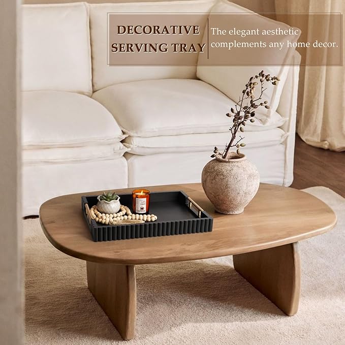 Acacia Wood Decorative Serving Tray with Handles, 16.7" x 12.8" Large Wooden Ottoman Tray for Living Room, Coffee Table Tray Decor for Food, Dinner, Tea or Breakfast in Bed (Black)
