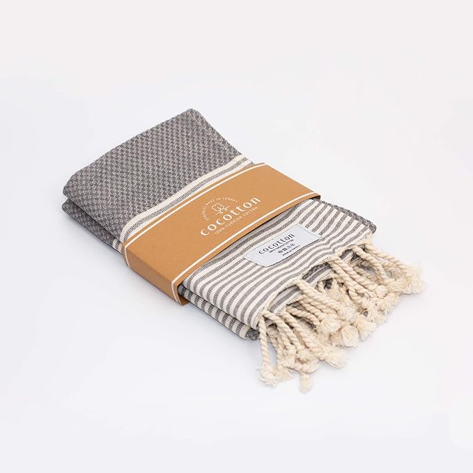 Boho Striped Turkish Hand Towels Set of 2 | 100% Cotton, 16 x 40 Inches | Decorative Bathroom Hair Face Gym Yoga Dishcloth Tea Kitchen Light Weight Quick Dry Farmhouse Towel (Grey)