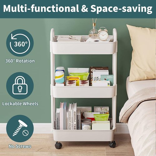 EZ COZY 3-Tier Rolling Cart - Versatile Plastic Organizer with Wheels for Nursery, Kitchen, and More | White
