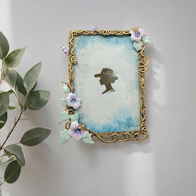 Vintage Floral Picture Frames Luxury Unique Ornate Antique Metal Photo Frame of HD Glass for Tabletop/Wall Display Gifts for Women (Retro Purple Flower, 5X7)