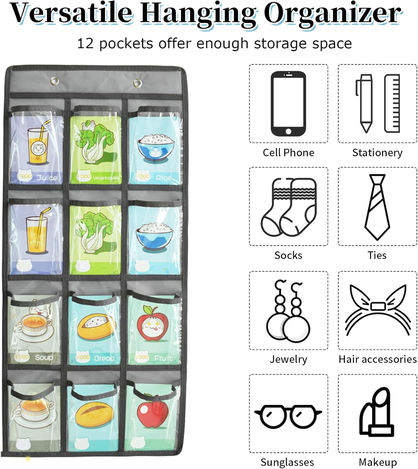 Skiennix Over the Door Organizer - Durable 12-Pocket Cell Phone Storage Bag | Grey Fabric Design