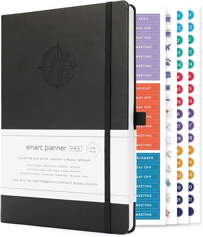 Smart Planner Pro – Undated Daily Planner – Medium B5 – Achieve Goals & Increase Productivity with Weekly, Monthly, Work Sections - Organizer Planner with Back Pocket, 3 Satin Bookmarks & Pen Holder