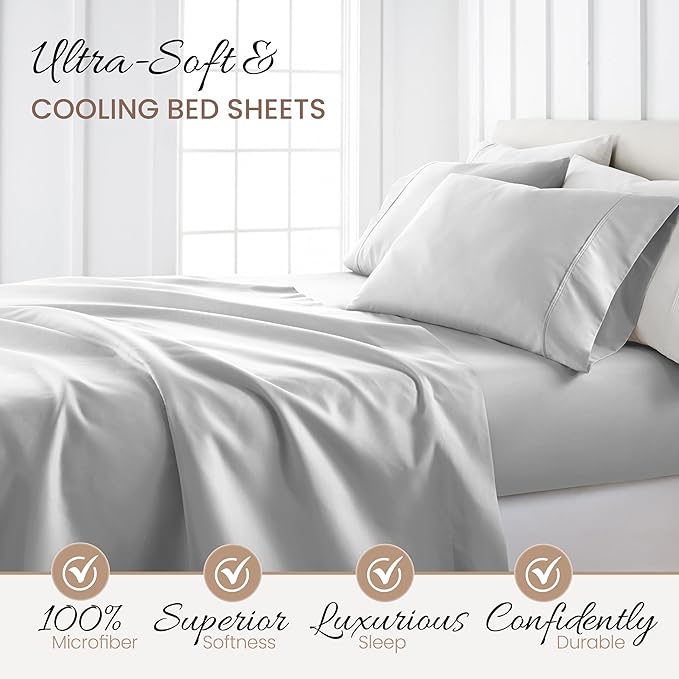 Linen Market Brushed Microfiber Full Sheet Set 4 Piece – Oeko-TEX Certified Ultra Soft & Wrinkle-Free - 16" Deep Pocket Sheets - Easy Care Full Size - Light Gray