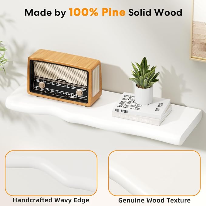 Solid Wood Live Edge Floating Shelves Set of 2 – 24" Rustic Wall Shelf with Hidden Bracket System, Wall Mounted Shelves for Bathroom, Kitchen, Living Room, Bedroom (White)