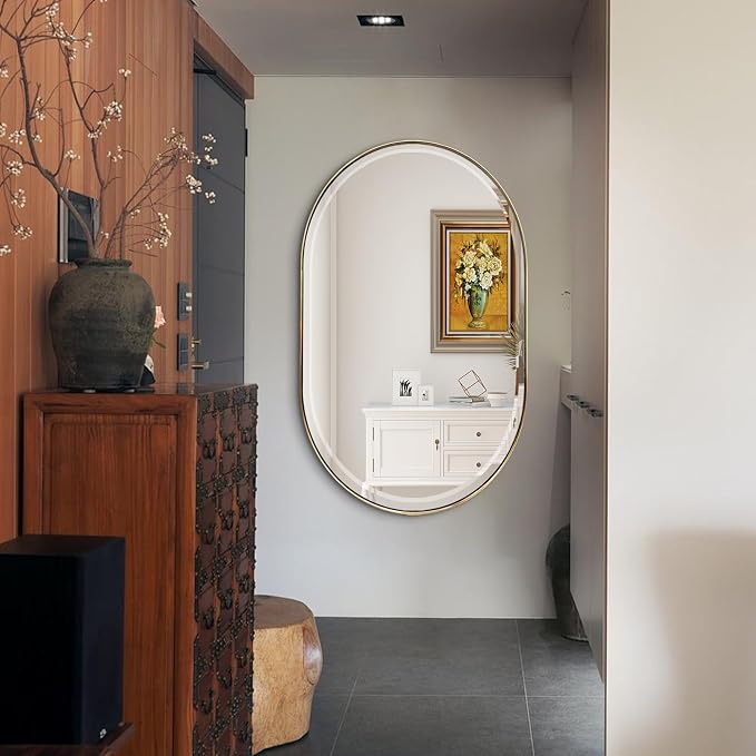 POZINO Oblong Beveled Mirror, 48"x28" Modern Bathroom Vanity Mirror Over Sink, Pill Shaped Capsule Wall Mounted Mirrors for Living Room Bedroom Entryway, Hangs Vertically or Horizontally