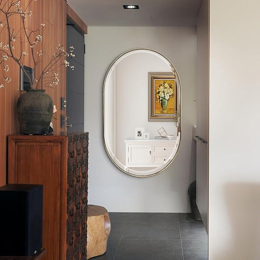 POZINO Oblong Beveled Mirror, 48"x28" Modern Bathroom Vanity Mirror Over Sink, Pill Shaped Capsule Wall Mounted Mirrors for Living Room Bedroom Entryway, Hangs Vertically or Horizontally
