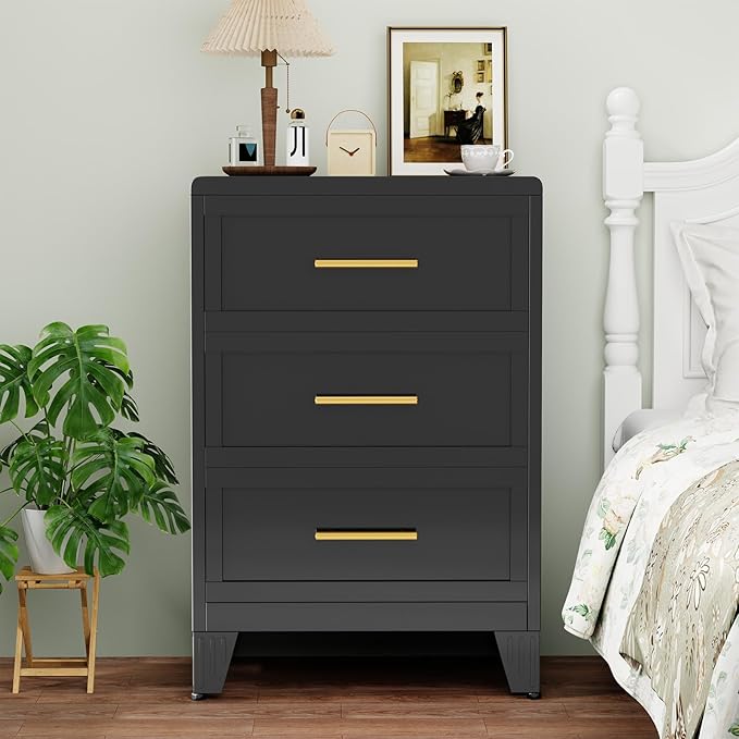 3 Drawers Tall Black Dresser for Bedroom, 35.43" Metal Dressers & Chests of Drawers Curved Corner Design, Storage Organizer Drawer Chest with Large Capacity for Living Room, Entryway, Hallway