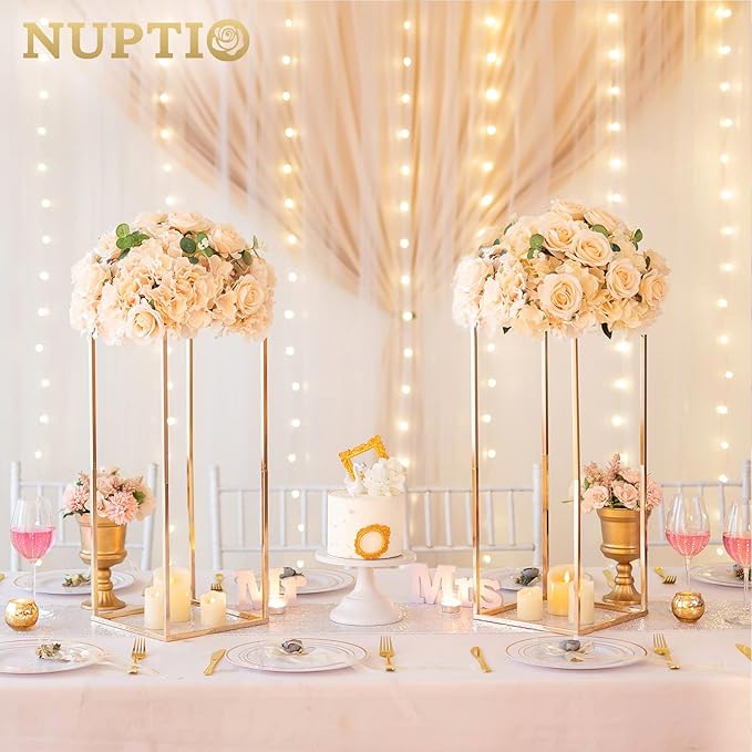 NUPTIO Flower Ball Arrangement Bouquet - 2 Pcs 14.2 inch Diameter Champagne Fake Flowers Roses Balls for Centerpieces Tables - Artificial Rose Arrangements for Wedding Centerpiece Table Decorations