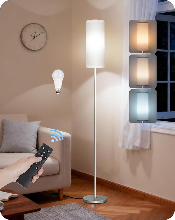 Dimmable Floor Lamps for Living Room with Remote and Foot Switch, 64.4” Modern Standing Tall Lamp, Corner Lamp for Bedroom, Office, Bulb Included, 3000K-6500K, White and Silver, FCC Listed SCW06LD05W1