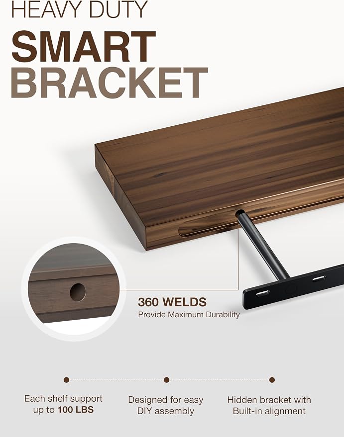 BATODA Set of 2 17" Acacia Wood Floating Shelves Wall Mounted – Rustic Farmhouse Wooden Wall Storage Shelf Bedroom, Kitchen, Home Décor - Brackets and Shelving Mounting for DIY (Walnut Color)