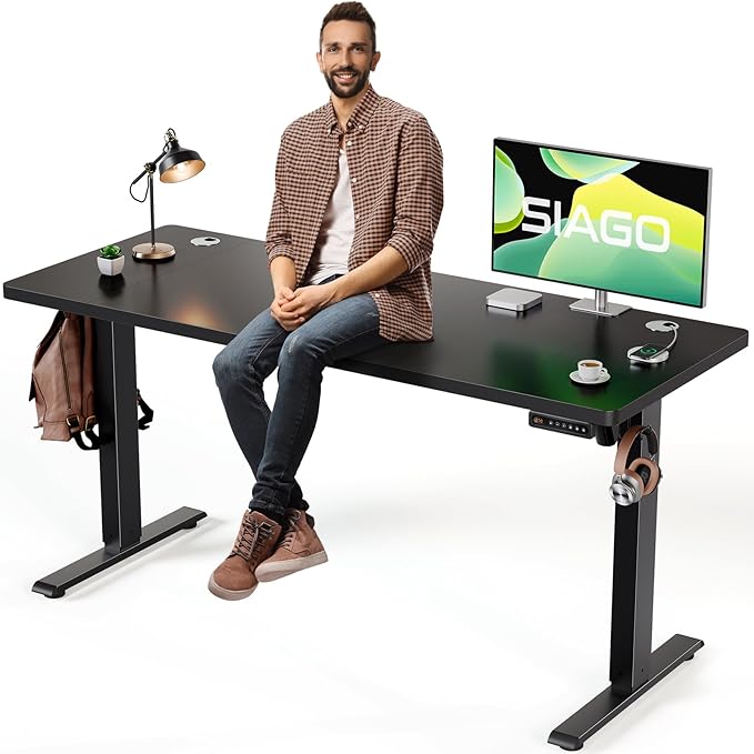 SIAGO Electric Standing Desk Adjustable - 63 x 24 Inch Sit Stand up Desk with Cable Management - 3 Memory Preset Adjustable Height Table