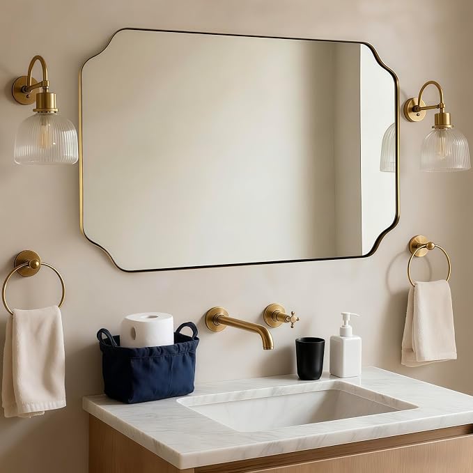 ANDY STAR 30"x55" Large Bathroom Mirror, Gold Scalloped Mirror for Bathroom, Brushed Brass Full Length Wall Mirror with Rust-Proof Stainless Steel Frame, Hangs Vertically or Horizontally
