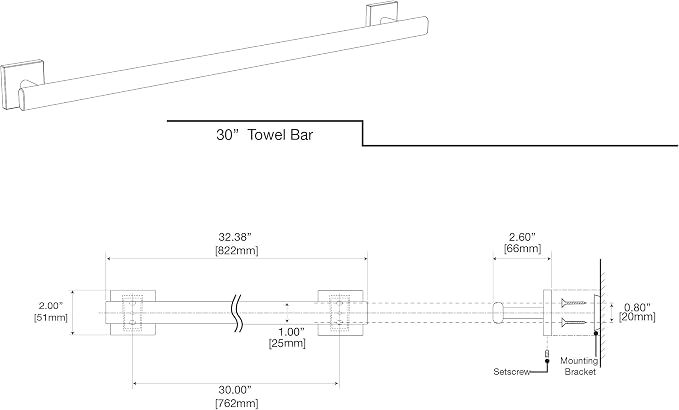 Gatco 4050AMX Elevate, Towel Bar, 30”, Matte Black/Wall Mounted 30 Inch Towel Holder for Bathroom
