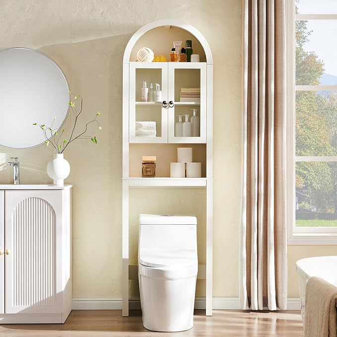 IFGET Arched Over The Toilet Storage Cabinet with Acrylic Doors, Modern Over Toilet Bathroom Organizer Shelf, Small Wooden Bathroom Storage Cabinet with Adjustable Shelf, Space Saver, Antique White
