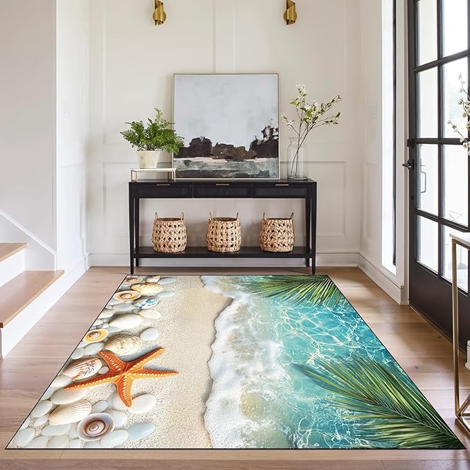 3'x5' Beach Rug Starfish Seashell Area Rugs for Entryway Bedroom Living Room Kitchen Home Decor Ocean Sea Wave Carpt 3D Non Slip Washable Throw Rug Coastal Seaside Floor Mat