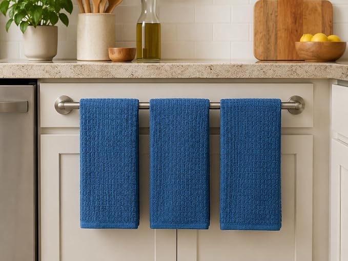 Serafina Home Waffle Blue Kitchen Dish Towels 100% Cotton Cloth Soft Cleaning Drying Absorbent Terry Box Loop: Set of 3 Multipurpose for Everyday Use, 18" x 28" (Blue Box)