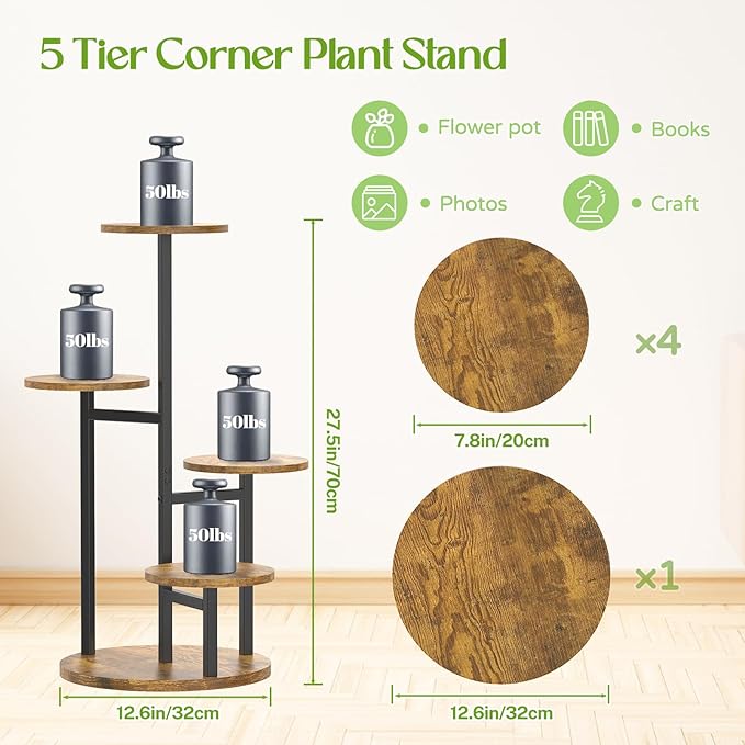 Oppro 5 Tier Plant Stand Indoor, Metal Wood Flower Holder, Heavy Duty Tall Round Multiple Shelf, Sturdy Spiral Planter Orchid Display Rack for House Living Room Patio Corner Bathroom, Modern Black