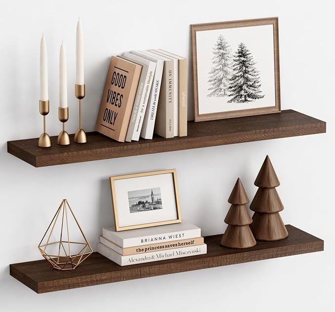 Harwaya 36 Inch Floating Shelves for Wall Set of 2, Large Long Wall Shelves for Living Room Decor, Walnut Brown Wooden Hanging Shelves for Bedroom Kitchen Bathroom Office Books Pictures (Dark Wood)