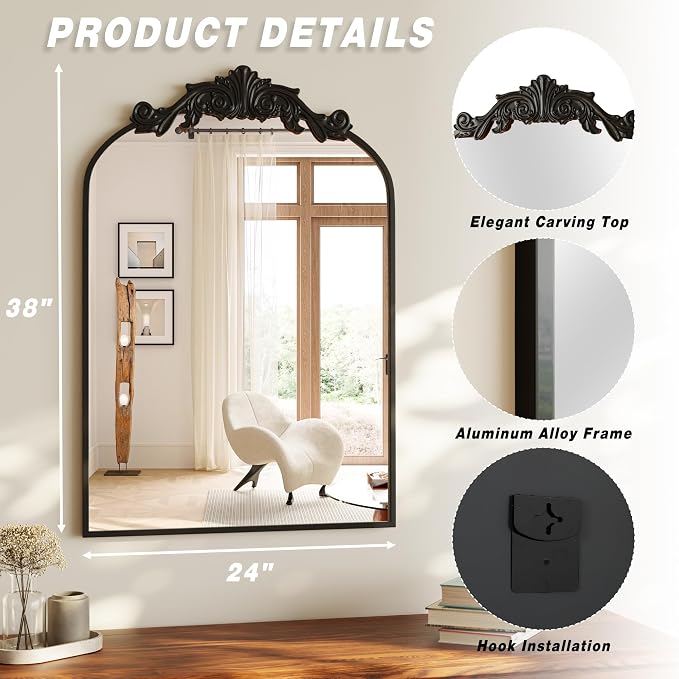 VooBang Vintage Arched Bathroom Mirror, 24x36 Inch Retro Wall Mounted Vanity Mirror with Carved Pattern Top and Metal Frame, Black Decorative Mirror for Hanging or Leaning