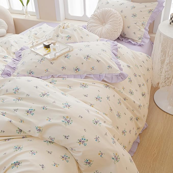 VM VOUGEMARKET Twin XL Comforter Set Twin,Garden Botanical Lavender Flower Bedding Set,Lace Ruffle Comforter and 2 Pillow Shams for Girls Women(3pcs,Twin XL)
