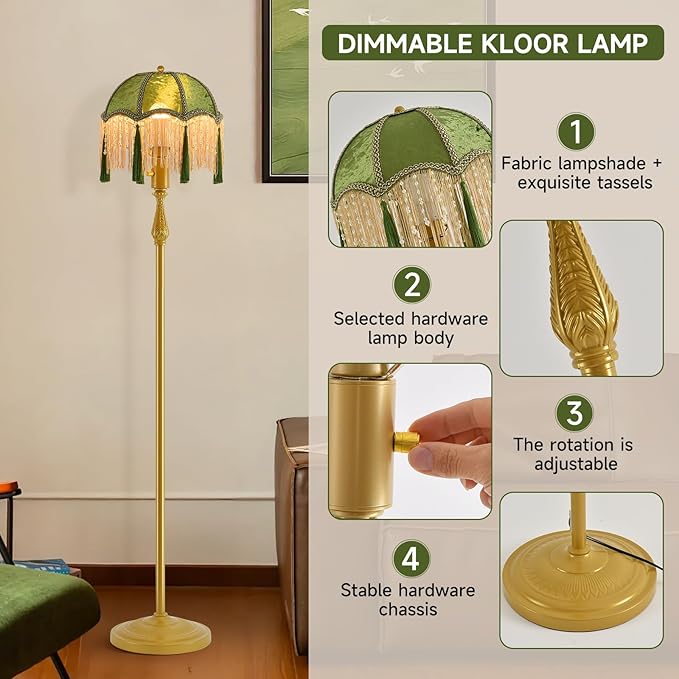 WEILASA Retro Tassel Floor Lamp with Adjustable Light Simple Upright Metal Base LED Night Lamp for Room 13" Wide, 62.7" High