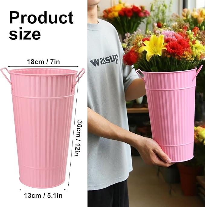 4 PCS 12 Inch Pink Galvanized Flower Buckets, Metal Flower Vase, Rustic Tall Flower Bucket with Handles for Wedding, Home Décor