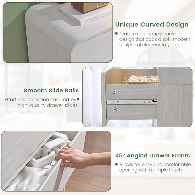 White 5 Drawers Dresser, Curved Dresser with Storage Organizer, Modern Drawer of Handleless, Large Chest of Drawers for Living Room, Nursery, Entryway, 29.5’’W