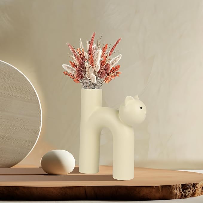 Cat Lover Gift – Minimalist Animal Vase for Dried Flowers, Pampas Grass – Calm Shelf Decor for Women, Cat Moms, Girlfriend, or Neutral Rooms
