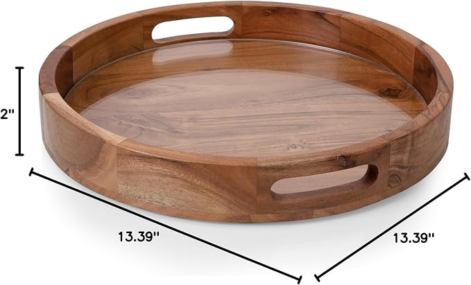 PICNIC TIME Barista Serving Tray with Glass Insert, Round Acacia Wood Cheese Board, Serving Platter with Handles, (Acacia Wood)