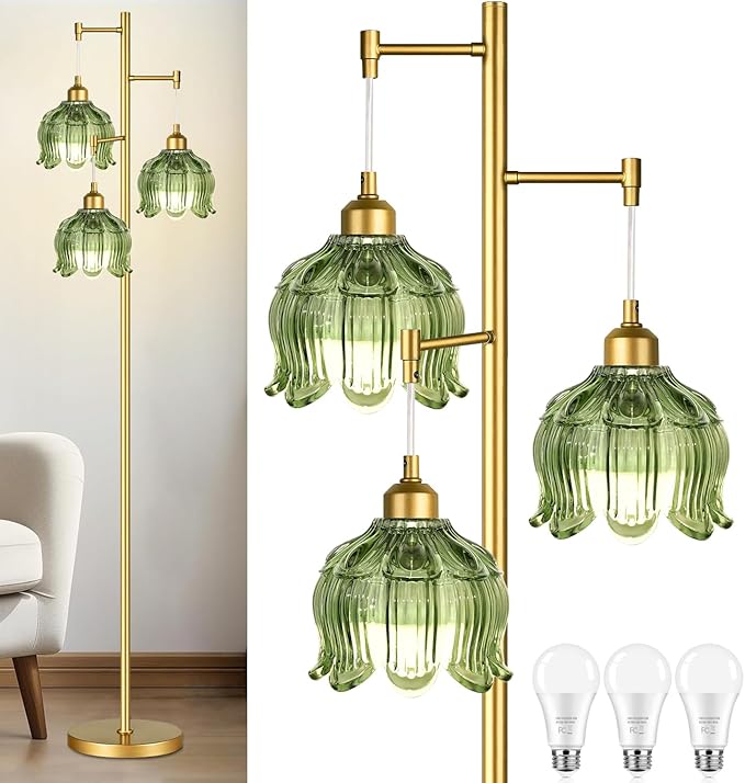 ZECOXOL Vintage Floor Lamps for Living Room Bedroom-3 Light Glass Floor Lamp with Three Led Bulb, Modern Mid Century Standing Lamp Brass Tall Lamp Gold Tree Floor Lamp for Bedroom Corner