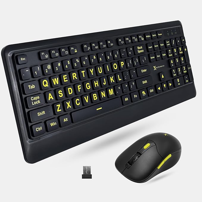 X9 Performance Large Print Wireless Keyboard and Mouse Combo - 4X Larger Oversize Yellow Letters for Seniors and Low Vision Users - 2.4Ghz Wireless Mouse and Keyboard Combo for PC