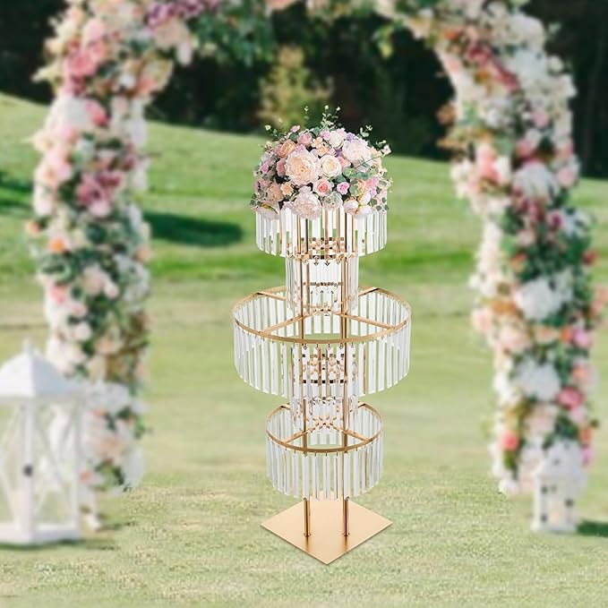 110cm/43in Tall Centerpieces for Table, 1-Pack Large Gold Vases with Hanging Crystal Tassels, Acrylic Flower Stand for Wedding, Banquet, Conference