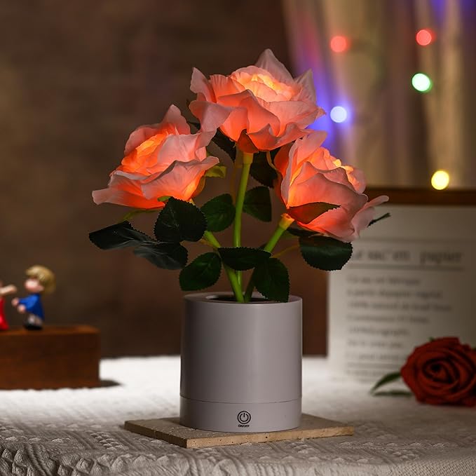 WSYEAR Pink Rose Flower Lamp, Christmas Day LED Artificial Flowers Gifts for Her Wife Girlfriend Small Table Lamp Night Light, Cordless Touch Lamp