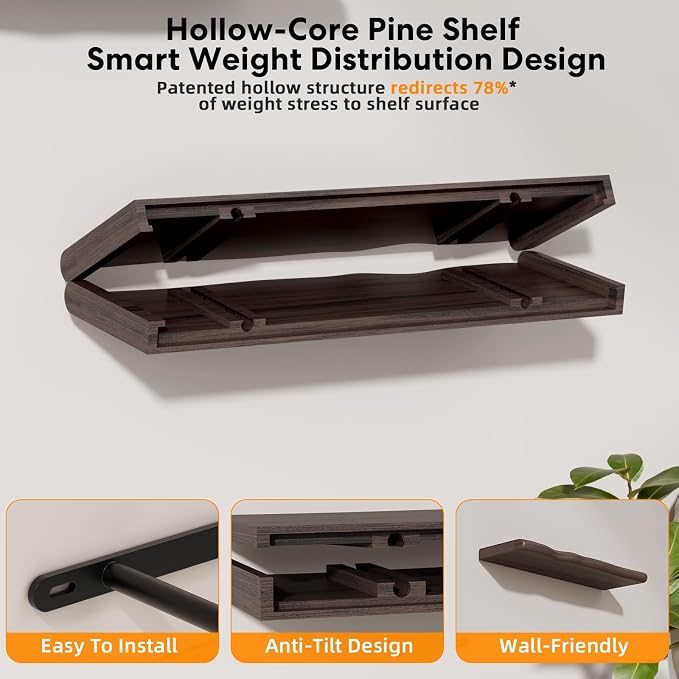Solid Wood Live Edge Floating Shelves Set of 2 – 24" Rustic Wall Shelf with Hidden Bracket System, Wall Mounted Shelves for Bathroom, Kitchen, Living Room, Bedroom (Grey)