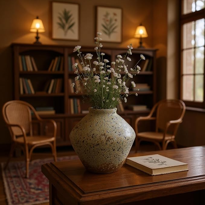 Ceramic Rustic Farmhouse Decor, Pottery Decorative Flower Vases, Boho Vase for Centerpieces,Office, Living Room, Dining Table, Entryway, Shelf, Mantel(Height 6.7 inch-Blue Ink)