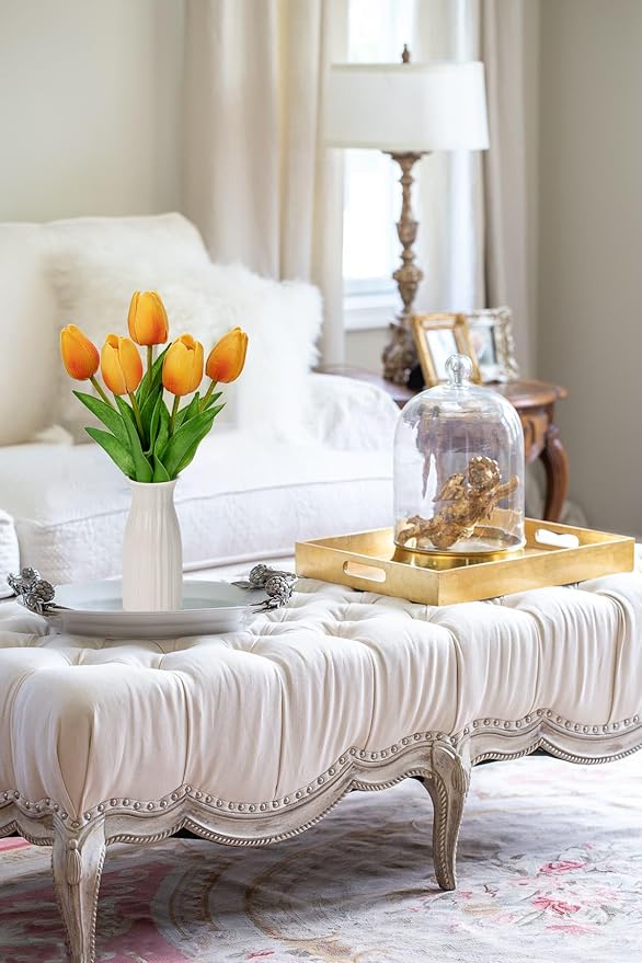 Briful 2 Packs Faux Flowers Artificial Tulips with Ceramic Vase, Poly Foam Orange Tulips Real Touch Flower Arrangement for Home Kitchen Wedding Centerpiece Decoration
