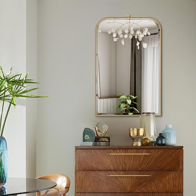 POZINO Brushed Gold Beveled Mirror, 20"x30" Bathroom Vanity Mirror with Stainless Steel Frame, Modern Rectangle Aesthetic Wall Mirrors for Entryway Hallway Bedroom Living Room Fireplace