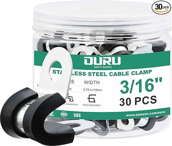 OURU 30pcs 3/16 Inch Cable Clamp,304 Stainless Steel Rubber Coated Cushioned Insulated Cable Clamps-Metal Wire Clamps,Pipe Clamps for Tube,Lines(Black,5mm)