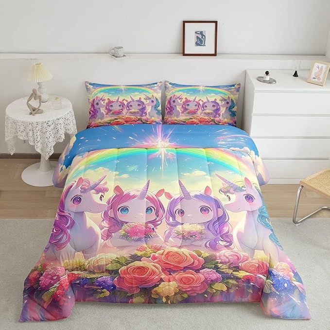 Castle Fairy Kawaii Unicorn Comforter Set Queen Size,Cartoon Cute Unicorn Horse Animal Reversible Bedding Set for Women Adult,Stars Rainbow Watercolor Flowers Luxury Bed Duvet Insert, 2 Pillowcases