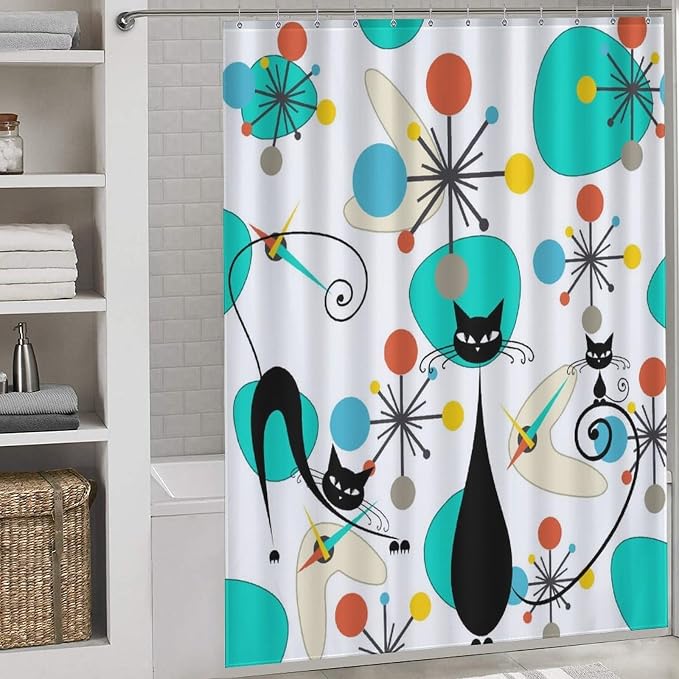 Mid Century Modern Cat Shower Curtain,Retro Abstract Atomic Starburst Geometric Diamond Pattern Shower Curtains Set for Bathroom Fabric Decorative Bath Curtain Washable Curtain Hooks, 72x72”
