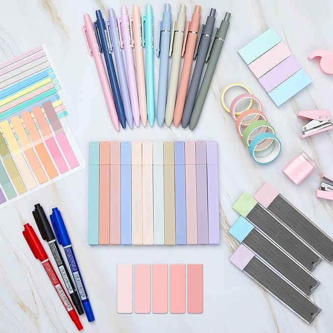 Sinload 60 Pcs Aesthetic Book Annotation Kit School Supplies Cute Pencil Case 12 Highlighter 5 Gel Pen 6 Mechanical Pencil 5 Magnetic Bookmark 1220 Pcs Sticky Note Tab Student Stationary(Pink)